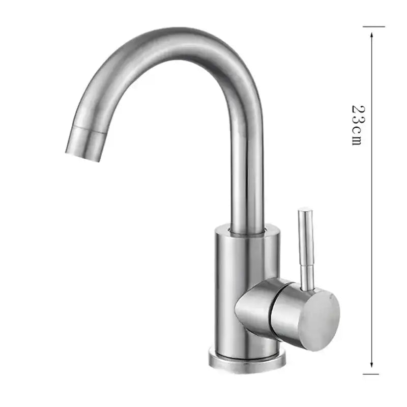 DecorBites™ 304 stainless steel rotating bathroom sink faucet with single-handle, curved spout, and cylindrical base