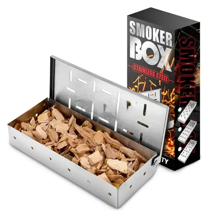 Stainless steel bbq smoker box filled with wood chips shown next to branded packaging for kitchen and outdoor grilling