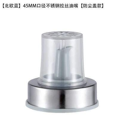 Stainless steel bottle cap stopper with colored handle and clear plastic-capped 45mm oil dispenser with dust-proof lid