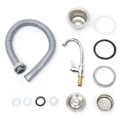 Stainless steel commercial kitchen sink with left platform and curved spout faucet including hose and drain components