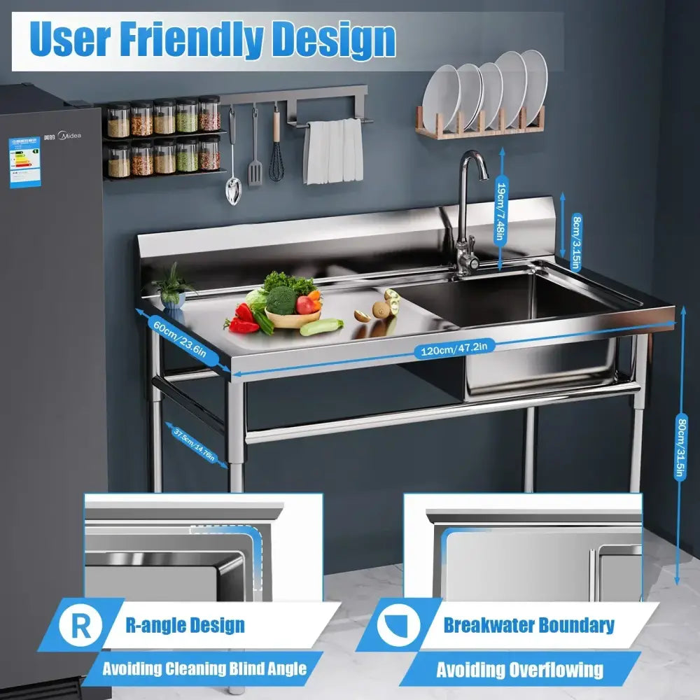 Stainless steel commercial double-basin kitchen sink with left platform, faucet, and integrated r-angle edges design