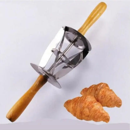 Stainless steel dough cutter with wooden handles and rotating mechanism for decorbites croissant dough cutting