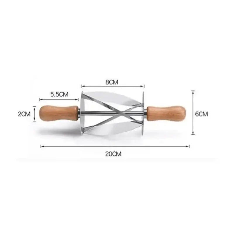 Stainless steel croissant dough cutter with wooden handles and cross-shaped cutting mechanism for precise dough cutting decorbites