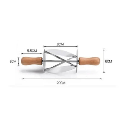 Stainless steel croissant dough cutter with wooden handles and cross-shaped cutting mechanism for precise dough cutting decorbites