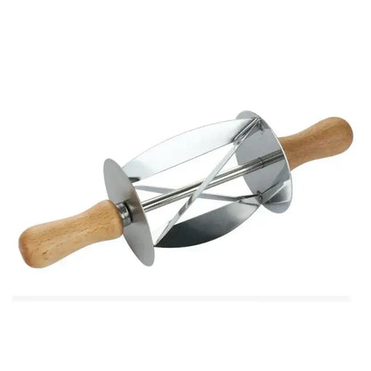 Stainless steel decorbites croissant dough cutter with wooden handles and segmented circular roller for cutting dough