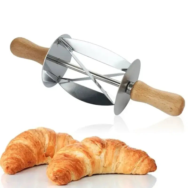 Stainless steel croissant dough cutter with wooden handles and spiral design by decorbites for kitchen use