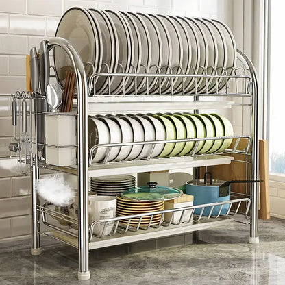 Stainless steel curved kitchen drying rack with two tiers and integrated utensil holders organizer shelf