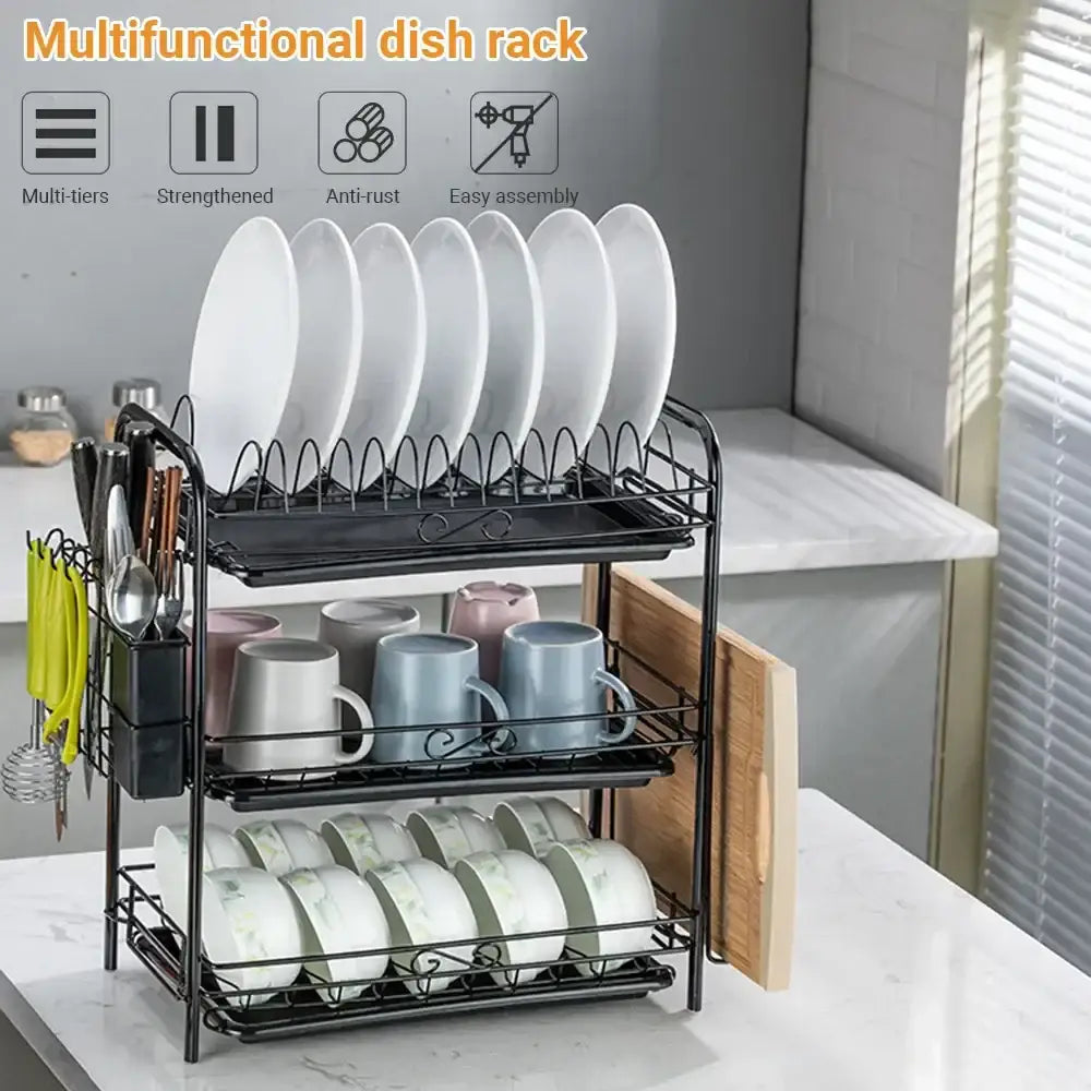 Black metal stainless steel curved kitchen drying rack with three-tier dish organizer shelf holding plates and mugs