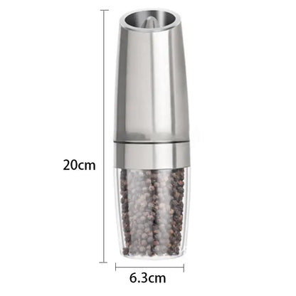 A sleek 20cm stainless steel electric spice pepper grinder with a transparent base kitchen accessory