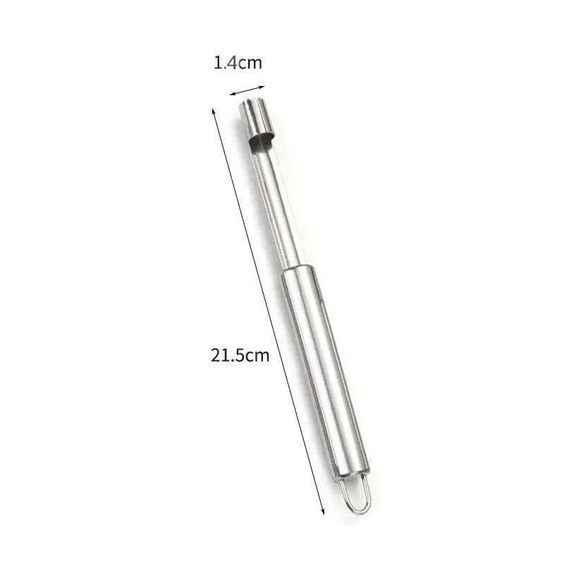 Sleek 21.5cm stainless steel fruit core remover with slender cylindrical body and multi-pronged tip by decorbites fruit core