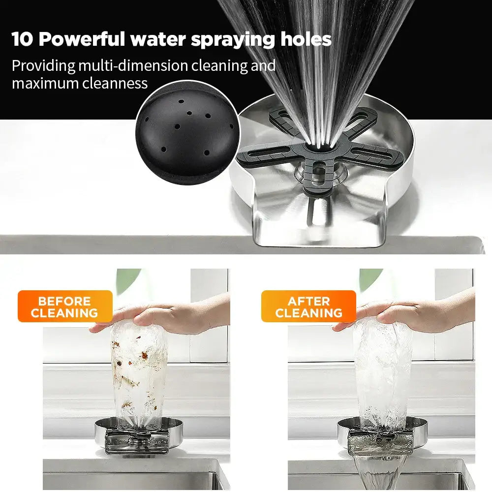 Stainless steel glass rinser with black spiderweb drain and rubberized sprayer head featuring 10 water holes for cup washer use