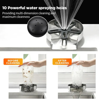 Stainless steel glass rinser with black spiderweb drain and rubberized sprayer head featuring 10 water holes for cup washer use