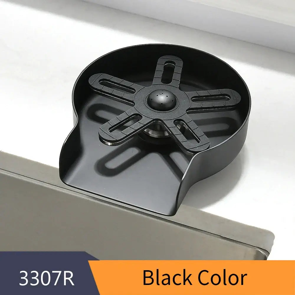 Black matte-finish plastic tv stand mount with star-shaped bracket shown with stainless steel glass rinser cup washer