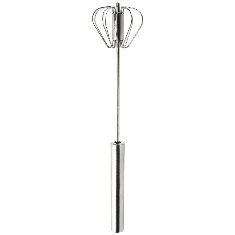 Stainless steel hand pressure egg beater with a sleek cylindrical handle and crown-shaped wire whisk head for kitchen use