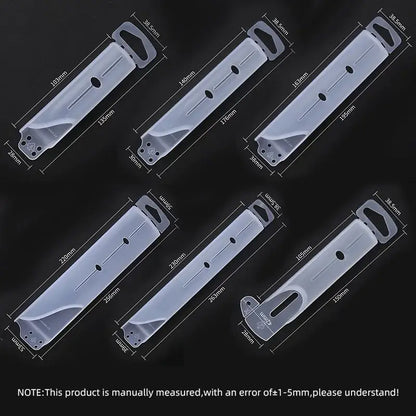 Transparent plastic strap clips with molded handles and adjustable length markings for decorbites knife scabbard set