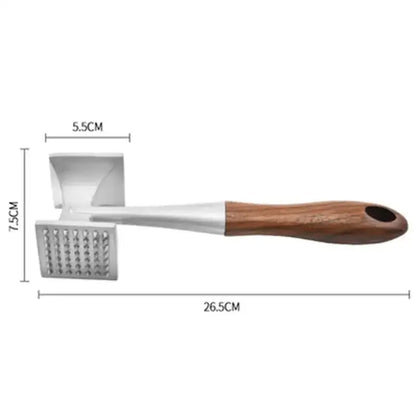 Stainless steel meat tenderizer with a polished wood handle featuring a rectangular head and integrated grater