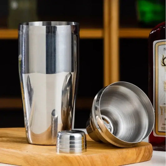 Shiny stainless steel professional bartender kit barman set with tall mixing tin strainer cup and lid for kitchen use