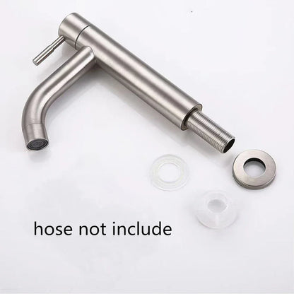 Modern brushed stainless steel single hole cold water bathroom faucet with sleek black deck mounted design