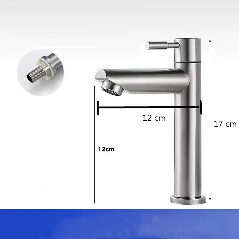 Modern brushed stainless steel single hole cold water deck mounted faucet in silver with sleek minimalist design and 12-17cm length