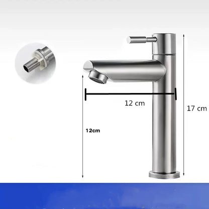 Modern brushed stainless steel single hole cold water deck mounted faucet in silver with sleek minimalist design and 12-17cm length