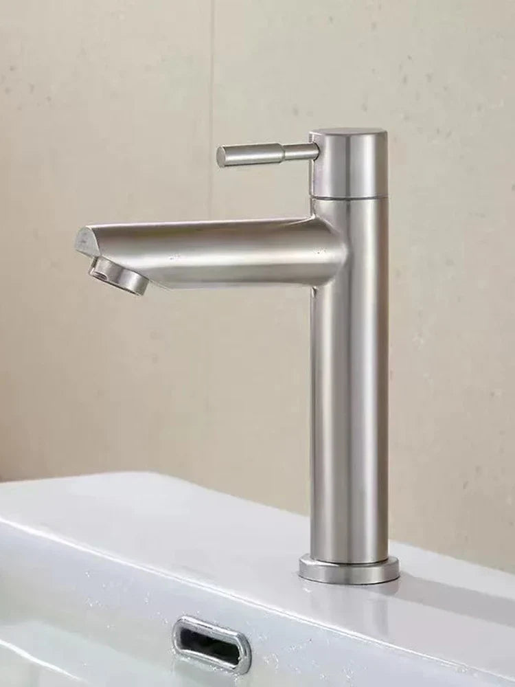 Modern brushed stainless steel single handle cold water deck mounted single hole bathroom faucet in silver and black