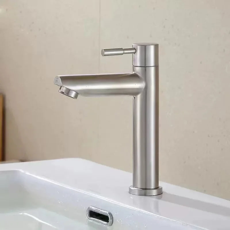 Modern brushed stainless steel single hole cold water bathroom faucet with sleek minimalist design and silver finish
