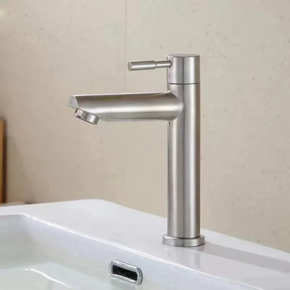 Modern brushed stainless steel single hole cold water bathroom faucet with sleek minimalist design and silver finish