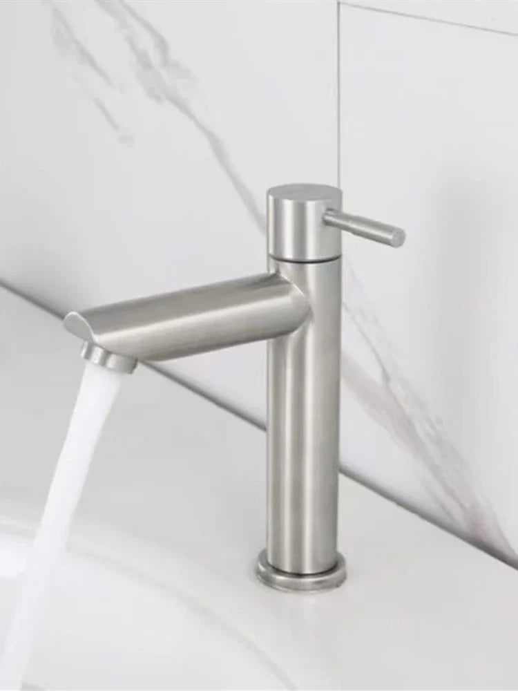 Modern brushed stainless steel single hole cold water bathroom faucet in silver with a sleek minimalist design