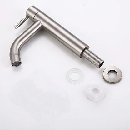 Modern brushed stainless steel single hole cold water deck mounted bathroom faucet with sleek minimalist design and hardware