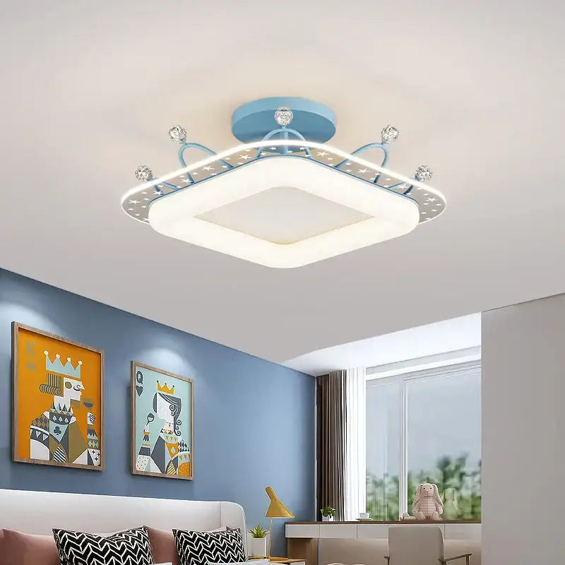 Blue square ceiling light with star-patterned trim and crystal accents for decorbites kids room ceiling lighting
