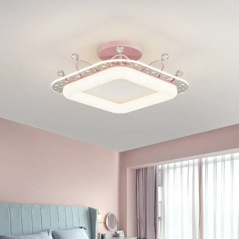 Pink square ceiling light with gold decorative frame and sparkling crystal star accents for decorbites kids room ceiling