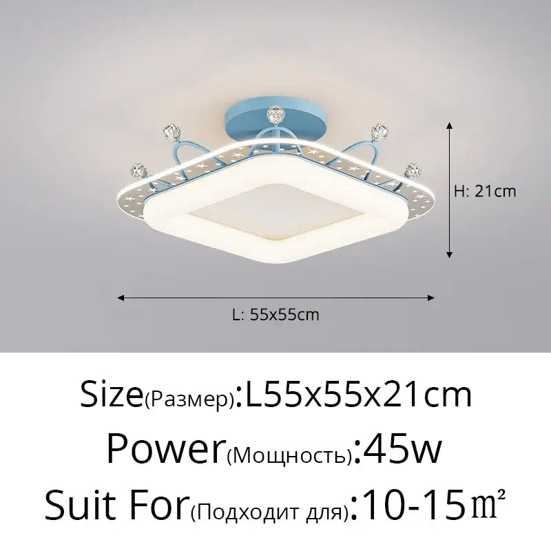 Light blue and white square ceiling light with crystal accents for decorbites kids room ceiling in bedroom setting