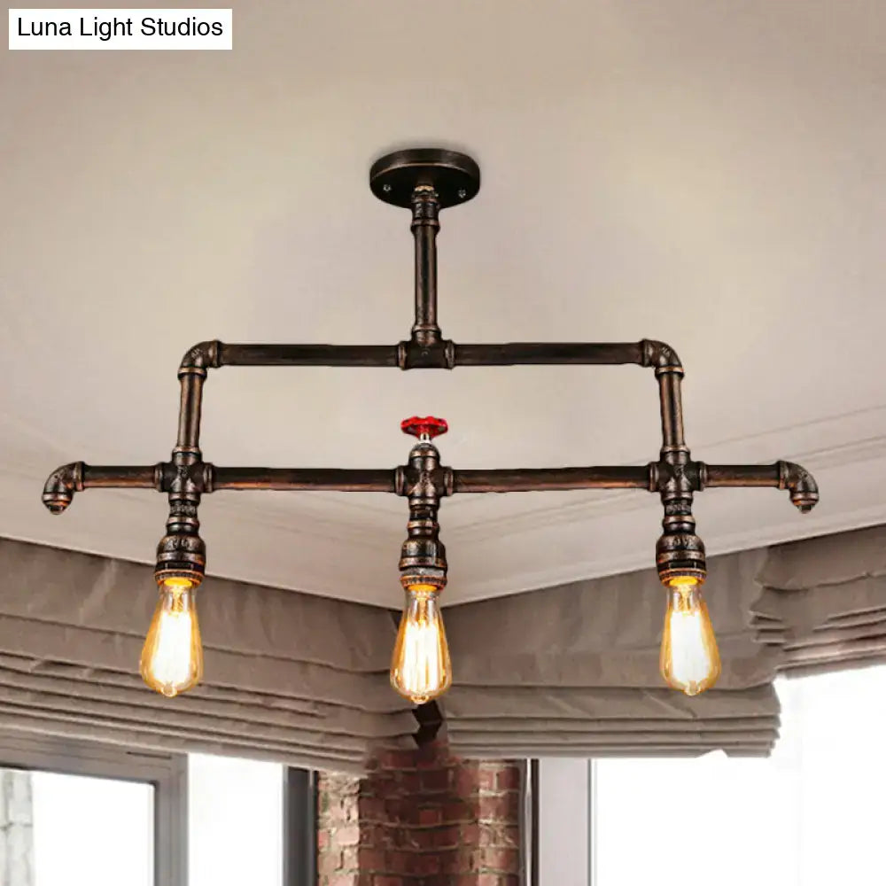 DecorBites™ steampunk bronze 3-light linear pendant metal fixture with dark bronze pipe and valve design for island lighting