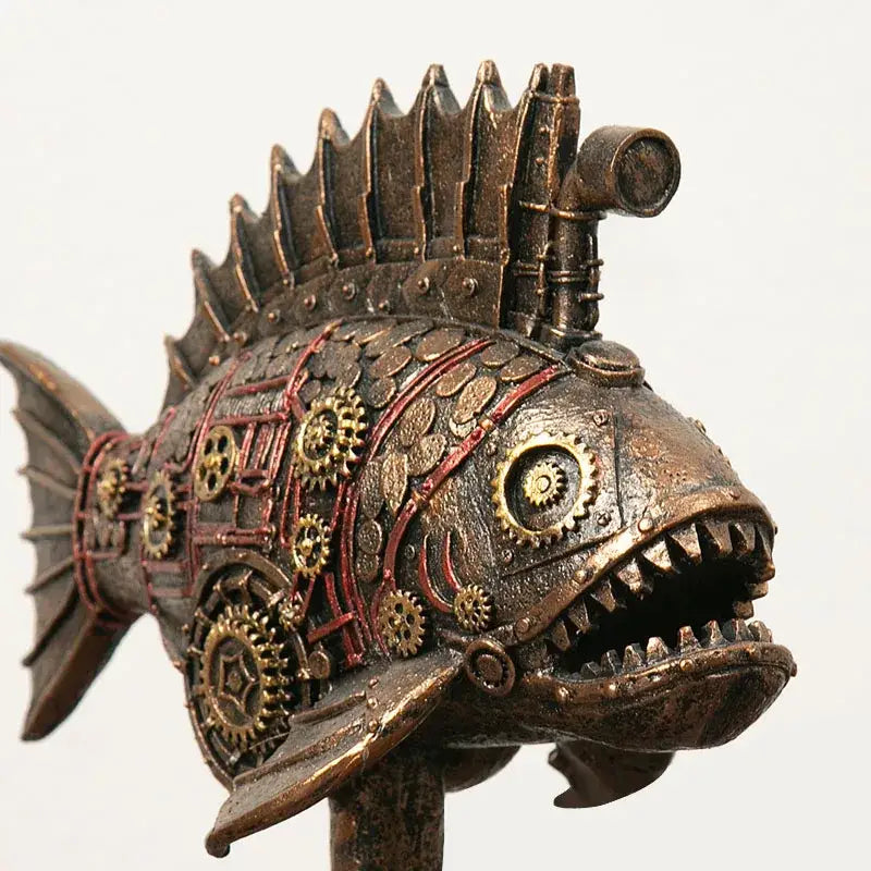 Steampunk bronze whale figurine with brass gears red piping and metallic plates blackfish resin decorbites office decor