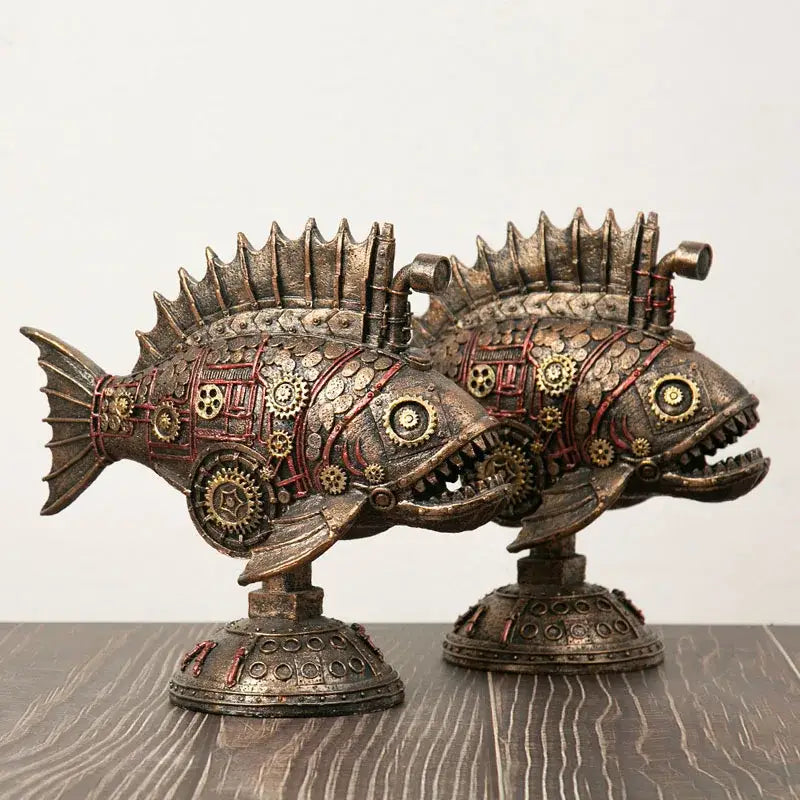 Two steampunk bronze whale figurines with gears and red accents crafted from blackfish resin for office decorbites decor