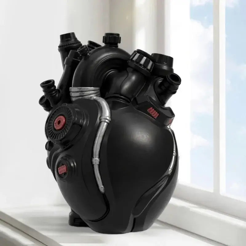 Black glossy plastic mechanical heart cardiac vase with silver piping and red accents for decorbites heart decorbites heart cardiac