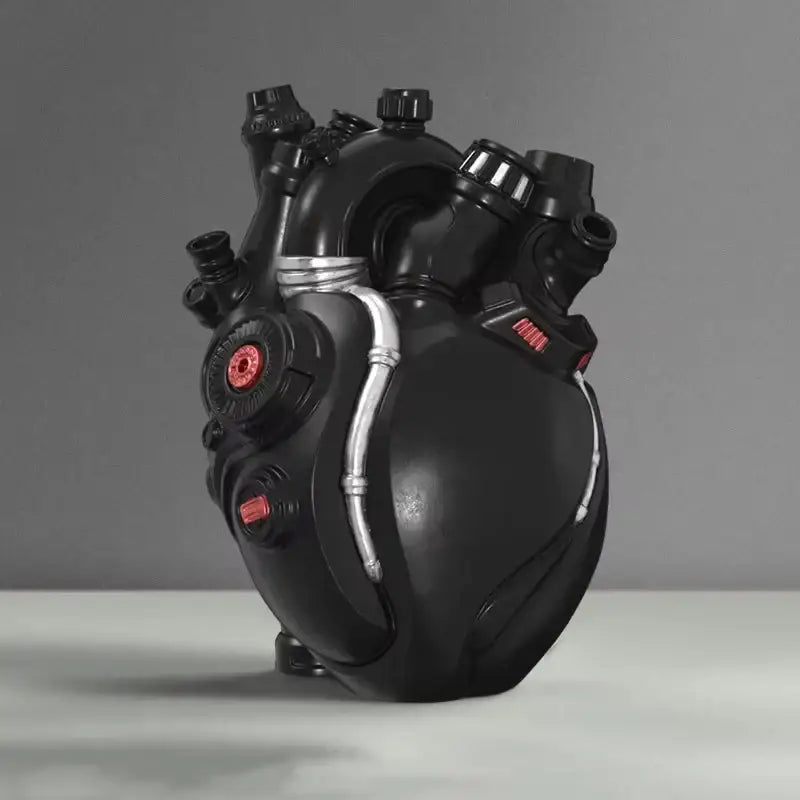 Black glossy plastic heart cardiac vase with silver piping and red accents for decorbites heart cardiac decor