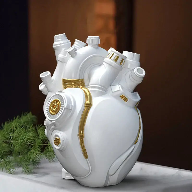 Steampunk white and gold ceramic heart cardiac vase with mechanical detailing for living room decorbites heart decor