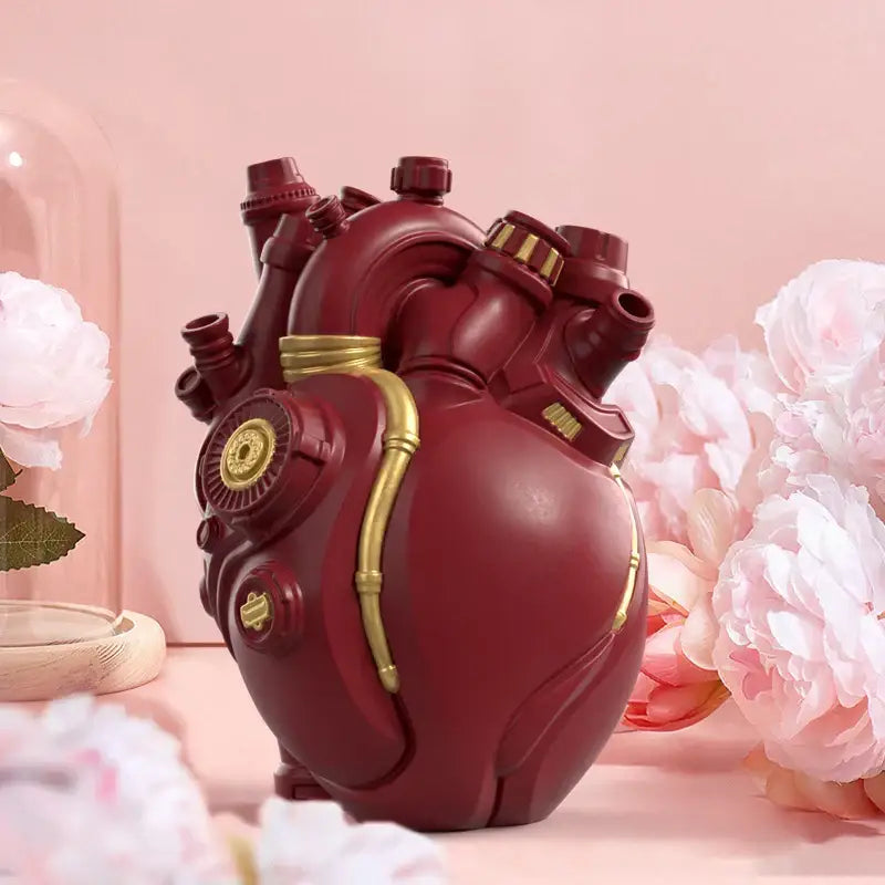 A maroon steampunk decorbites heart cardiac vase with gold mechanical details for living room decor