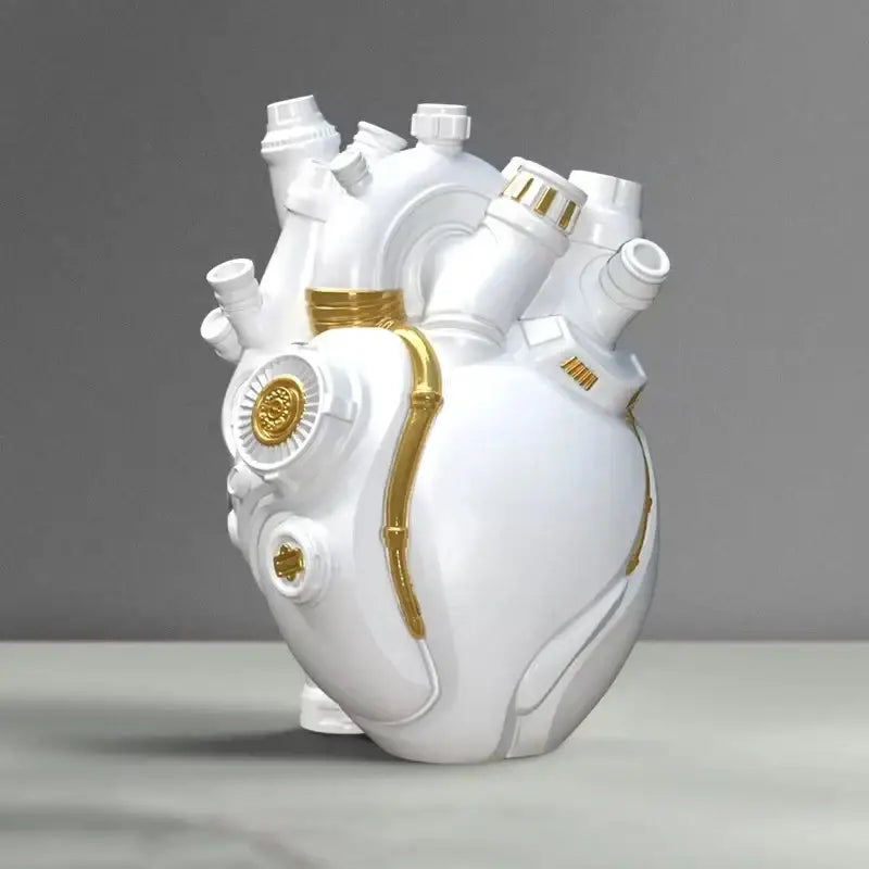 A sleek white and gold decorbites heart cardiac vase with intricate piping and metallic accents for living room decor