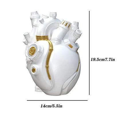 Steampunk white and gold heart cardiac vase with mechanical details for living room decorbites heart cardiac decor