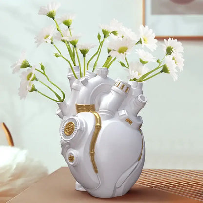 Steampunk white and gold heart cardiac vase with intricate mechanical details for decorbites heart cardiac decor