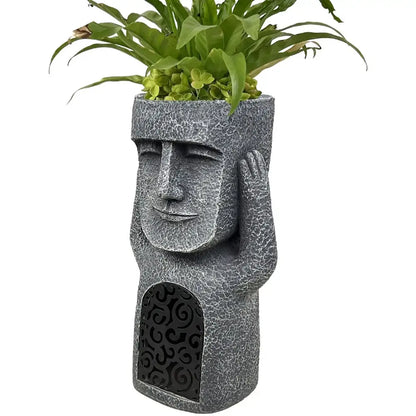 Stone gray easter island statue sculpture moai planter with carved face hand on ear and arched doorway base