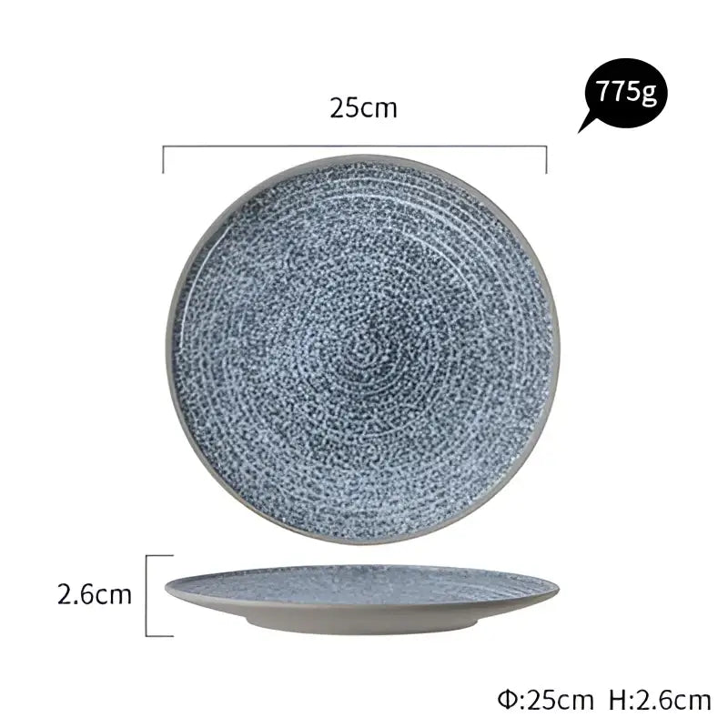 Decorbites ceramic dinner plate set featuring a 25cm textured blue and white speckled ceramic dinner plate