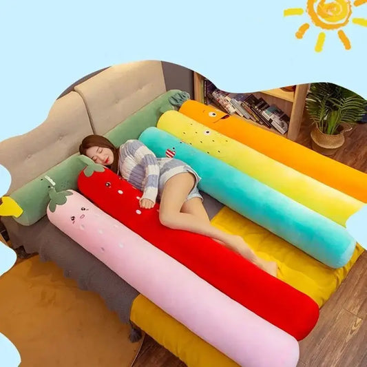 Strawberry decorbites cylindrical soft pregnancy sleep pillow designed as a plush red sleeper pillow with embroidered details