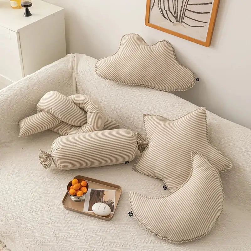 Beige and cream striped corduroy decorbites cloud star moon and knot shaped plush pillows for kids bedroom decor