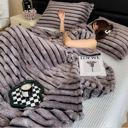 Plush gray striped faux rabbit plush blanket with soft ribbed texture for cozy bedroom decorbites dark faux throw