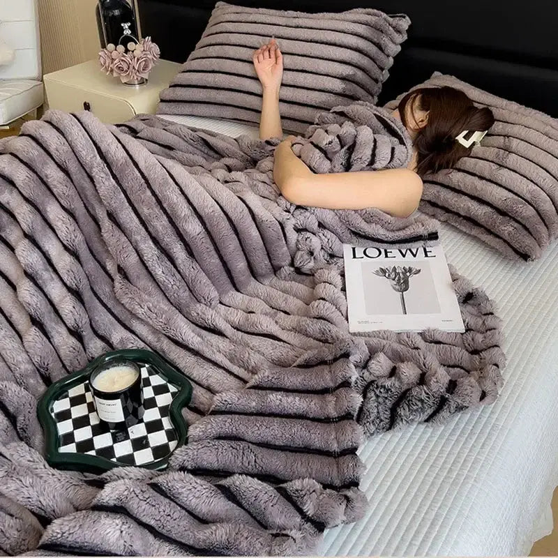 Plush gray striped faux rabbit plush blanket with soft ribbed texture for cozy bedroom decorbites dark faux throw