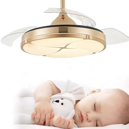 Gold ceiling fan with retractable blades and LED light designed for study dining room living bedroom use