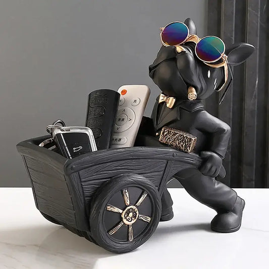 Stylish black suit dog statue storage box featuring a figurine with iridescent sunglasses pushing a wooden cart decorbites dog statue